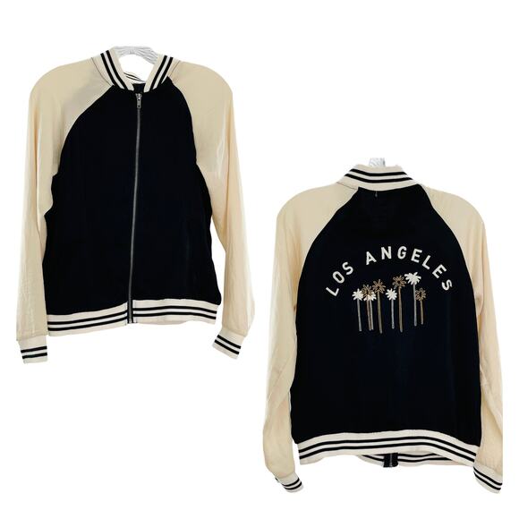 ABOUT A GIRL Black & Cream 'LOS ANGELES' Embroidered Palm Trees Bomber Jacket S - Picture 1 of 12